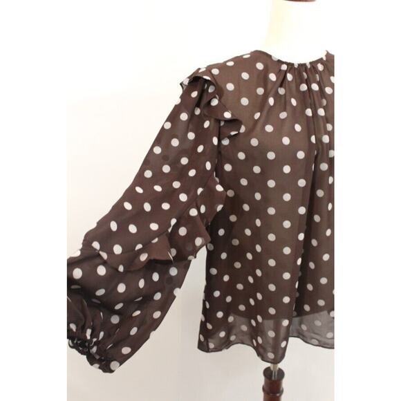 PEARL by LELA ROSE Sz XL Chestnut Brown Polka Dot Ruffle Blouse Top NWT - Picture 6 of 8